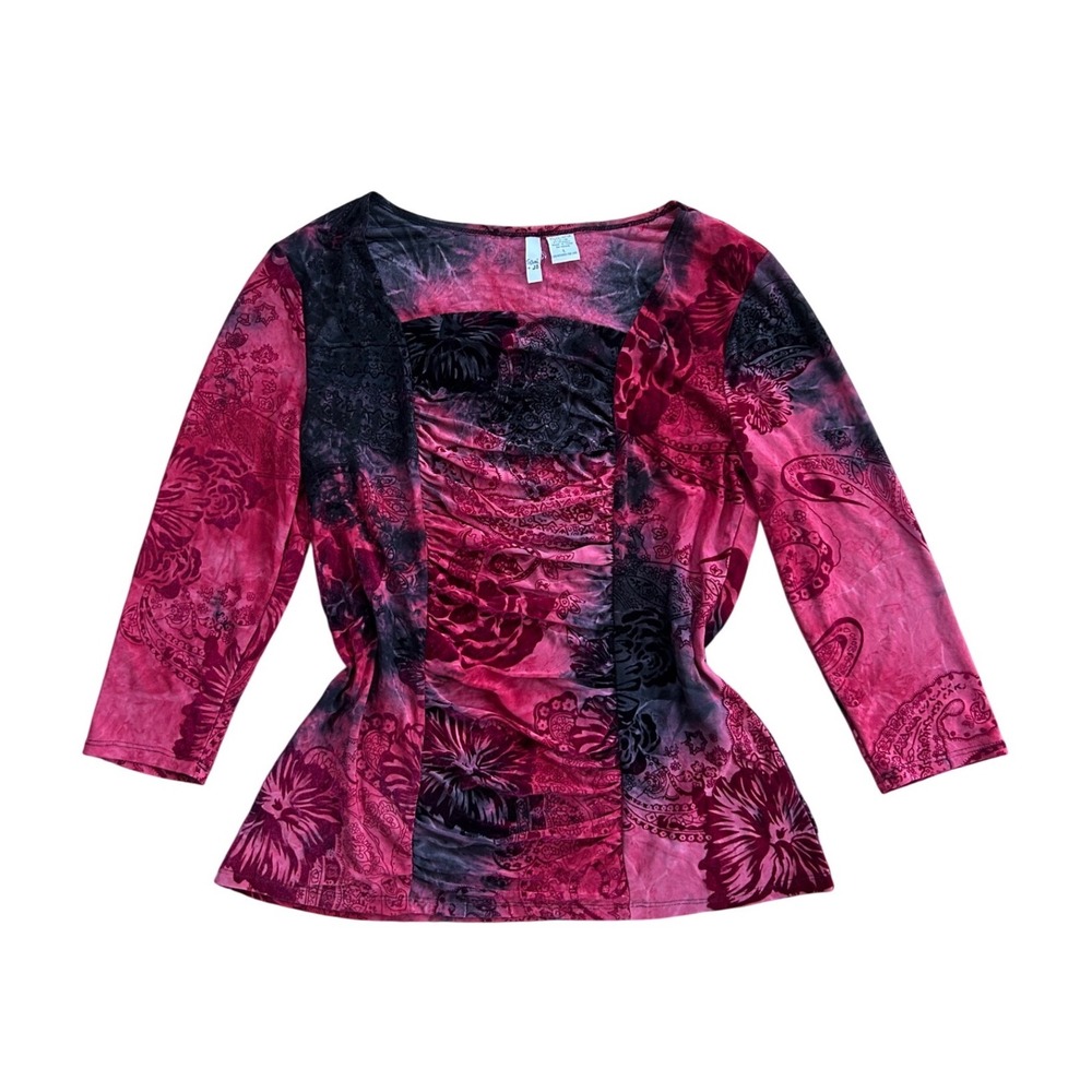 Vtg Red Black Floral Paisley ruched Square‎ Neck Top L whimsigoth grunge emo